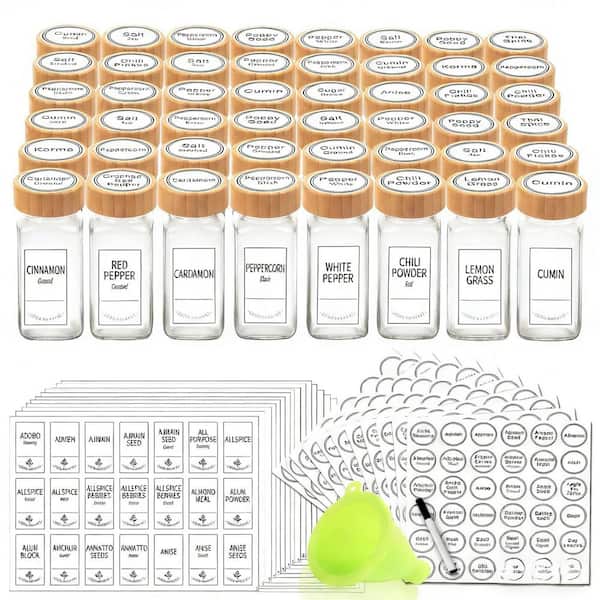 Complete Set of 48 Glass Spice Jars with Bamboo Lids, Labels, Funnel and Chalk Marker: Square Spice Containers Set