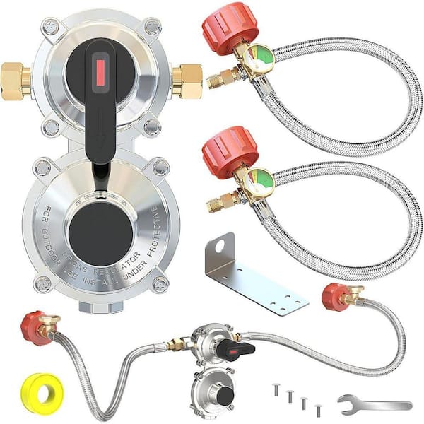 2-Pack 18 RV Pigtail Propane Hose and 2-Stage Auto Changeover LP Gas Regulator with Gauge for Dual Tanks