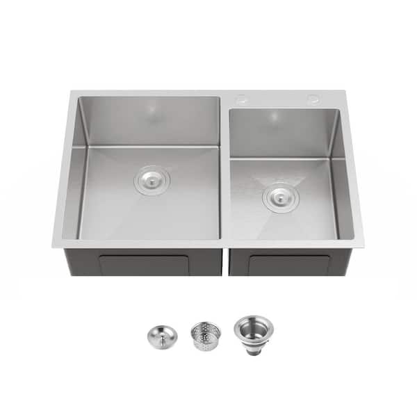 33 in. Overmount Double Bowl 20-Gauge Brushed Gray Stainless Steel Kitchen Sink with Drain Included