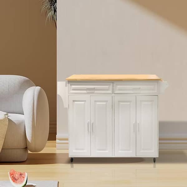 White MDF Kitchen Cart with 4-Cabinet Doors, 2-Drawers and Spice Racks