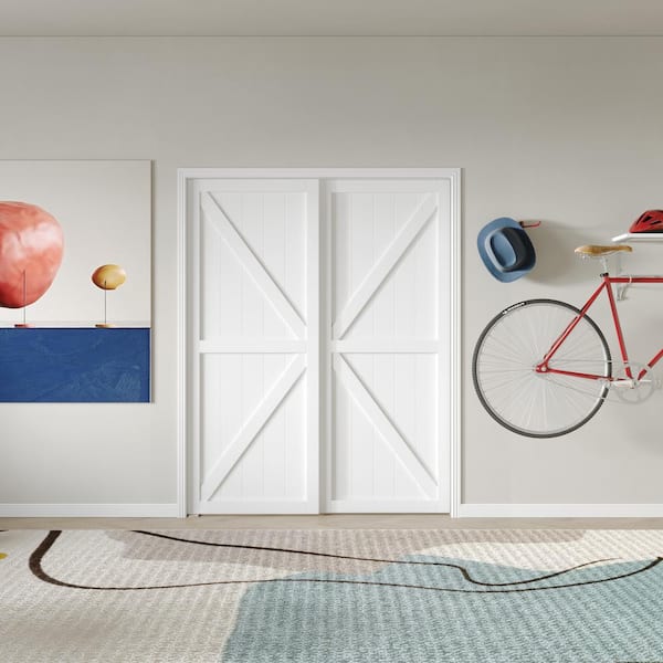 TENONER 60 in. x 80 in., MDF wood, White Double K Shape Sliding Door with All Hardware