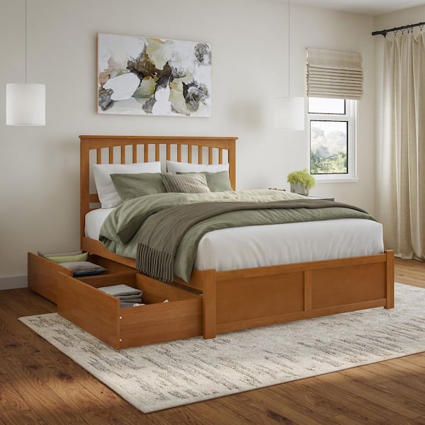 AFI Mission Light Toffee Natural Bronze Solid Wood Frame Queen Platform Bed with Footboard and Storage Drawers