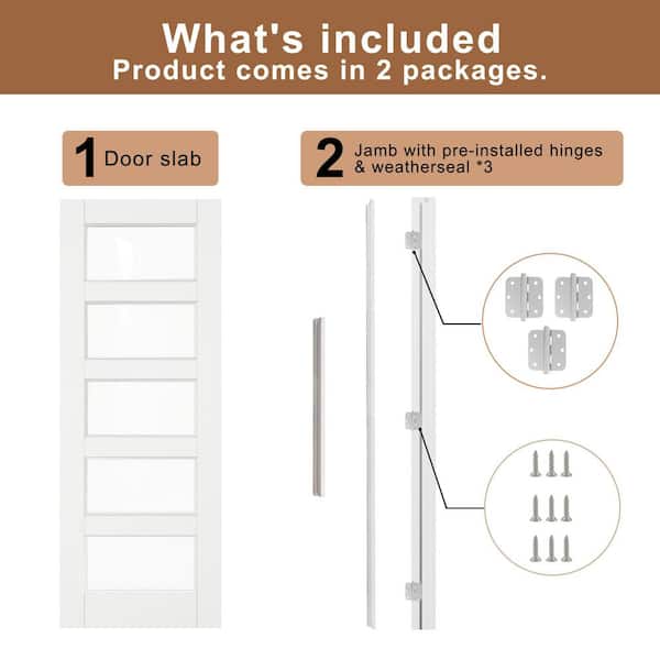 36 in. x 80 in. 5-Lite Clear Glass Right Hand White Solid Core Glass Single Prehung Interior Door+ Quick Assemble Jamb
