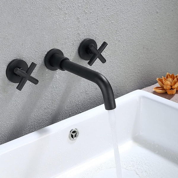Unbranded Double-Handle Wall Mounted Bathroom Faucet 1.2 GPM, Bathroom Lavatory Vessel Faucets with Rough-in Valve in Matte Black
