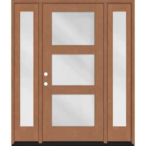 Regency 64" x 80" Modern 3 Lite Equal Clear Glass RHIS AutumnWt Mahogany Fiberglass Prehung Front Door w/Dbl 12 in. SL