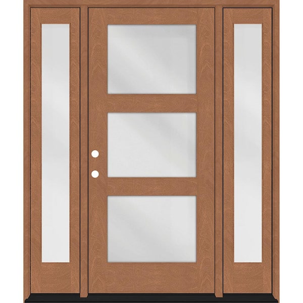 Steves & Sons Regency 68 in. x 80 in. Modern 3-Lite Equal Clear Glass RHIS AtmWht Mahogany Fiberglass Prehung Front Door DBL 14 in. SL