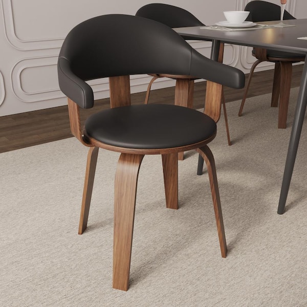 Dining Chair with Leather Round Seat and Solid Wood Legs Accent Arm Chair Open Curved Back Design in Black
