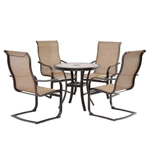 5-Piece Cast Aluminum Round Dining Sling Set with 31.5 in. Tile-Top Table and Light Brown Sling Curved Chairs