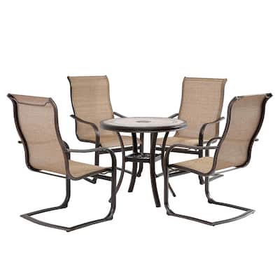 5-Piece Cast Aluminum Round Dining Sling Set with 31.5 in. Tile-Top Table and Light Brown Sling Curved Chairs