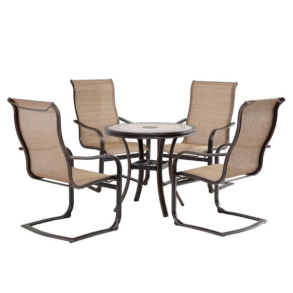 Mondawe 5-Piece Cast Aluminum Round Dining Sling Set with 31.5 in. Tile ...