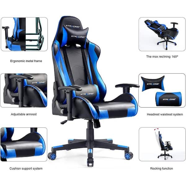 Lucklife Blue Gaming Chair Ergonomic Triple Back Support Breathable Leather Reclining Rocking Computer Chair