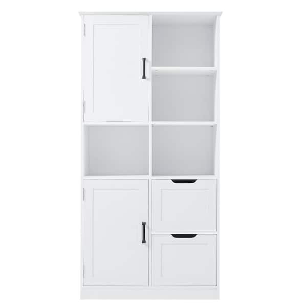 31 in. W x 16 in. D x 62 in. H White Linen Cabinet with Open Shelves and Drawers