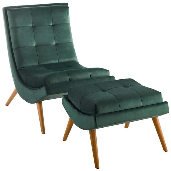 MODWAY Ramp Green Upholstered Performance Velvet Lounge Chair and Ottoman Set