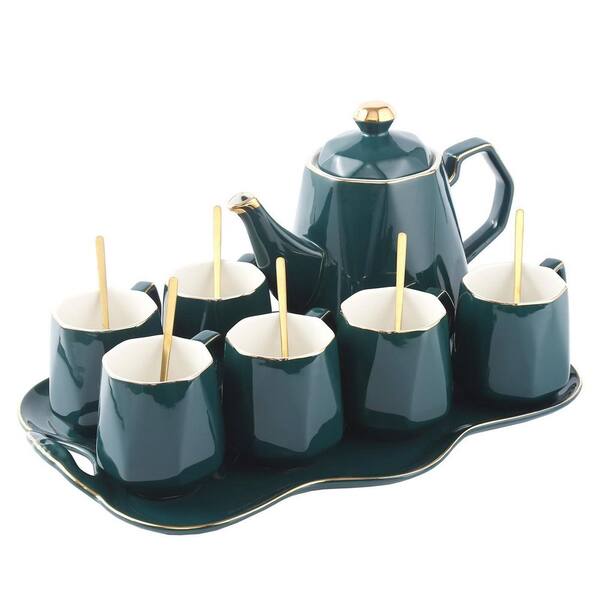 Accent Plate Ceramic 14 pcs Green Porcelain Diamond Design Teapot Set with Tray and Spoons, Golden Trim, Modern Style