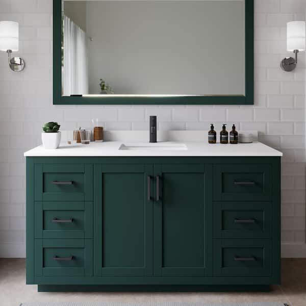 Wyndham Collection Miranda 60 in. W x 22 in. D x 33.75 in. H Single Sink Bath Vanity in Green with White Cultured Marble Top and Mirror