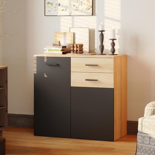 FUFU&GAGA Oak and Black 34.1 in. Accent Cabinet with 4 Shelves, Entryway Organizer, Office Storage Cabinet, Sideboard
