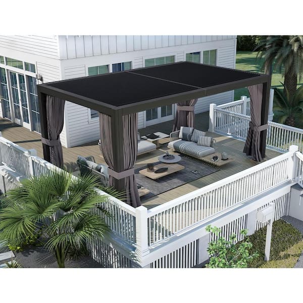 PURPLE LEAF 10 ft. x 13 ft. Gray Louvered Pergola with Adjustable Aluminum Shed Roof Patio Gazebo with Netting and Curtains