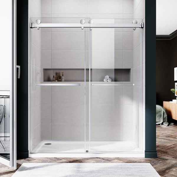 UNIKOO UKD01 56 to 60 in. W. x 72 in. H Double Sliding Frameless Shower Door in Chrome, Enduro Shield 3/8 in. Clear Glass