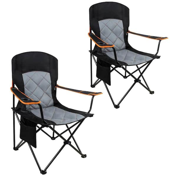 2 Pack Oversized Fully Padded Camping Chair Heavy Duty Quad Fold Arm Chair Support 350 lbs with Cup Holder, Black