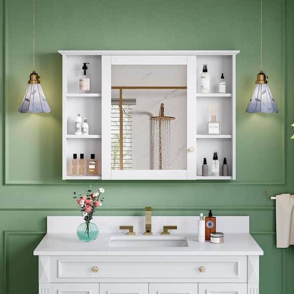 42 in. W x 30 in. H Rectangular Solid Wood Surface Mount Medicine Cabinet with Mirror,Soft Close Doors,Assembled,White