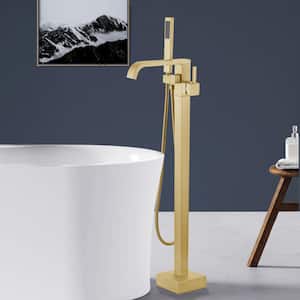 Single-Handle Freestanding Bathtub Faucet with Hand Shower Floor Mounted in Brushed Brass