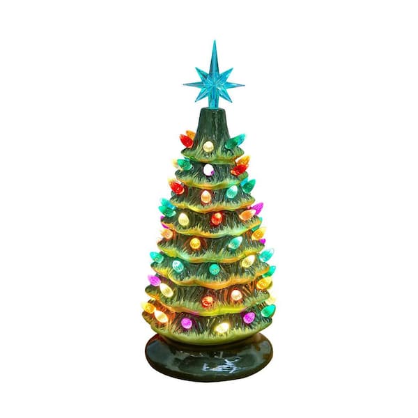 15 in. Ceramic Christmas Tree, Table Top Christmas Tree with Star Topper, Pre-lit Xmas Tree with Multicolored Lights