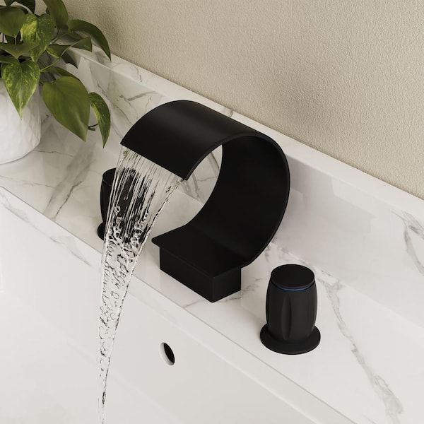 8 in. Widespread Double Handle Bathroom Sink Faucet C Arc Waterfall Spout With Pop-up Drain in Matte Black