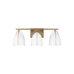 Norman 24.25 in. H 3-Light Satin Brass Vanity Light with Matte White Steel Shades