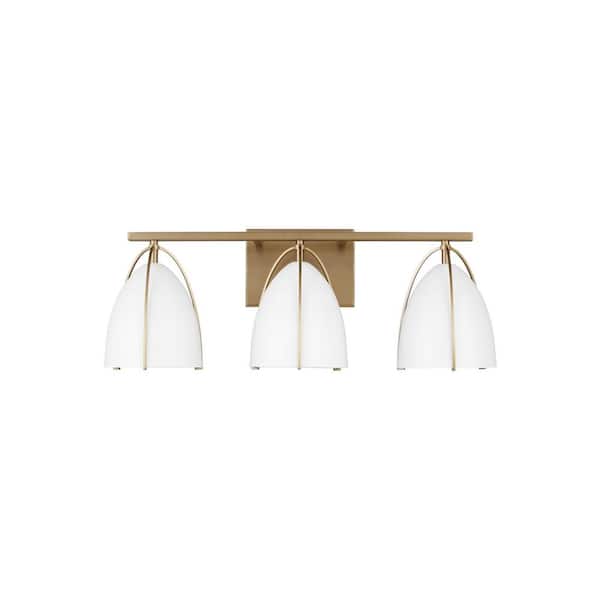 Generation Lighting Norman 24.25 in. H 3-Light Satin Brass Vanity Light with Matte White Steel Shades