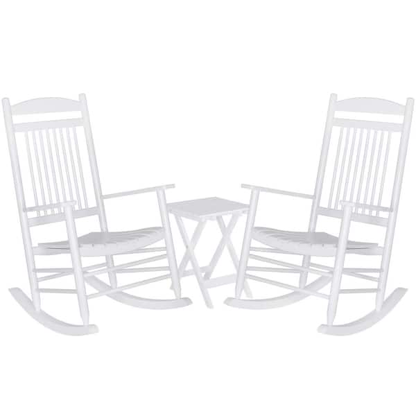 VEIKOUS 3-Pieces White Wooden Outdoor Patio Rocking Chair Set