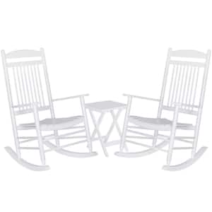 White 3-Piece Wooden Patio Outdoor Rocking Chair Set