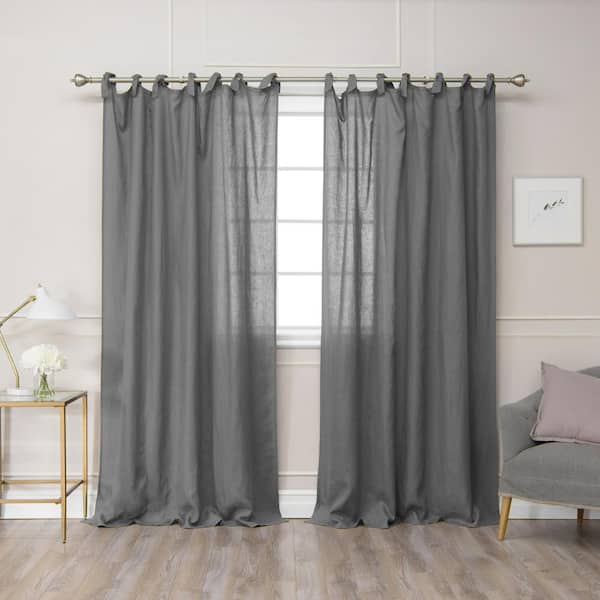 null Dark Grey 96 in. L Abelia Belgian Flax Linen Romantic Tie Top Curtain Panel