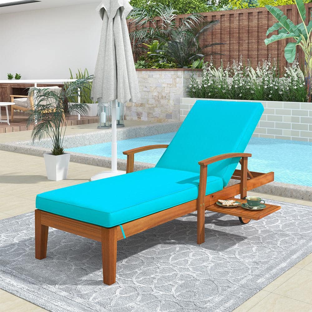 Acacia Wood Outdoor Chaise Lounge with Blue Cushion, Wheels & Sliding Cup T