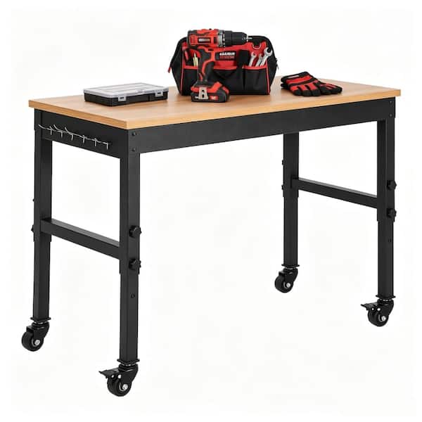72"x24" Solid Wood Workbench Adjustable Height 2200 LBS, Rolling Work Table with Power Outlets & Hanging Hooks & Wheels