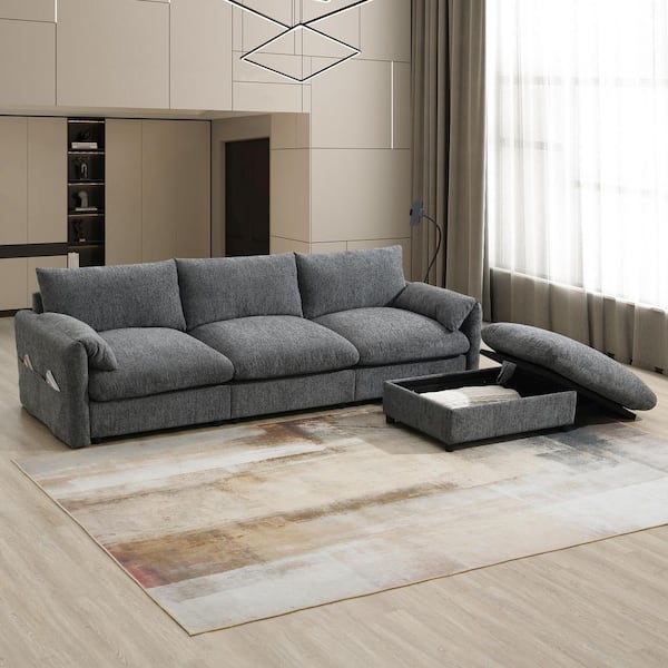 Phinean 96.5 in. Chenille Straight Arm L-Shaped Modular Sectional Sofa in Gray with Storage Ottoman and Pockets