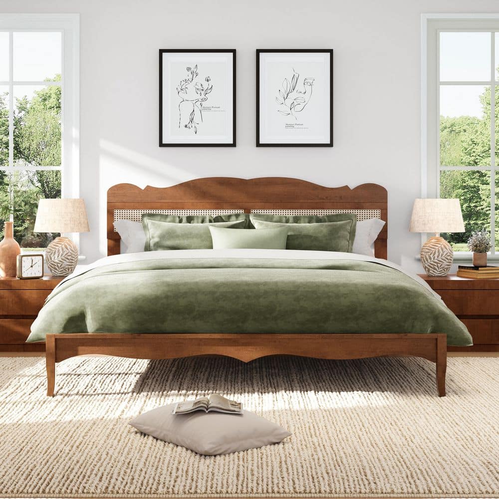 Classic Style Brown Solid Wood Bed Frame King Size Platform Bed with Woven Rattan Headboard price history on PriceWatchPro