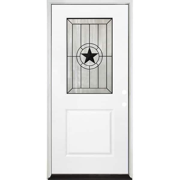 36 in. x 80 in. Legacy Alamo Half Lite Decorative Glass White Primed LH Inswing Fiberglass Prehung Front Door
