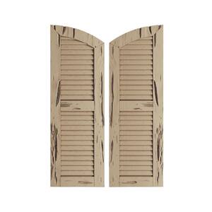 18 x 24" Timberthane Polyurethane Pecky Cypress 2-Equal Louvered with Elliptical Top Faux Wood Shutters Pair in Primed