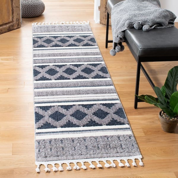 Marrakesh 2 ft. x 10 ft. Ivory/Blue Striped Chevron Runner Rug