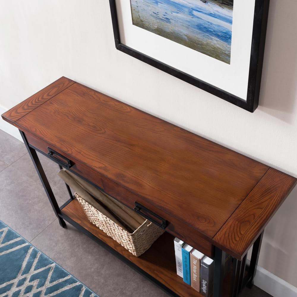 Ironcraft Mission Oak and Black Wood Sofa Table with Storage