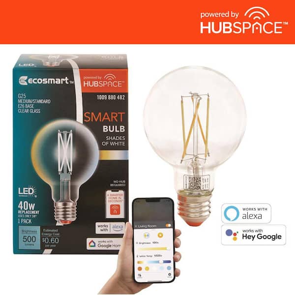 EcoSmart 40-Watt Equivalent Smart G25 Clear Tunable White CEC LED Light Bulb with Voice Control (1-Bulb) Powered by Hubspace