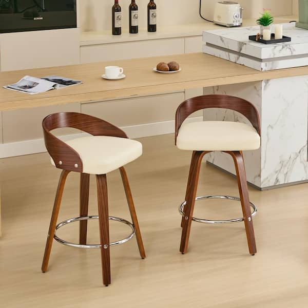 Zephyren 25 in. Seat Height Beige + Walnut Upholstered PU Leather Solid Wood Counter Stools with Footrest, Set of 2