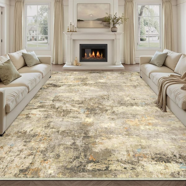 Gorgeous Brown 9 ft. x 12 ft. Washable Modern Abstract Area Rug