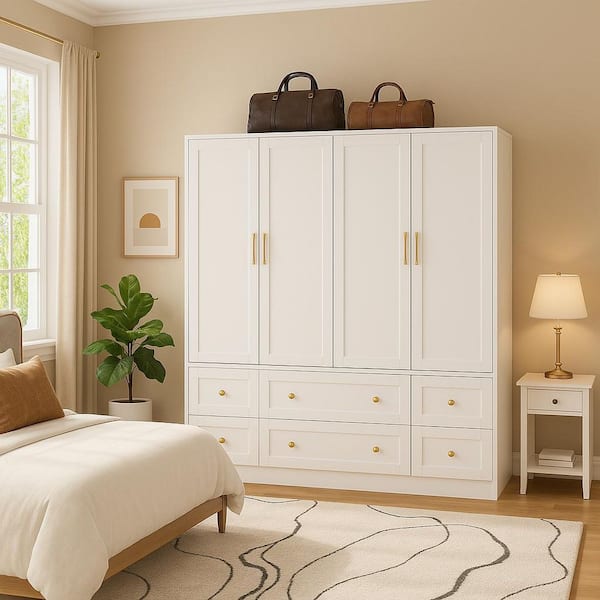 White Wood 63 in. W 4-Door Large Wardrobe Armoires with Hanging Rod, 4 Drawers, 70.9 in. H x 19.7 in. D