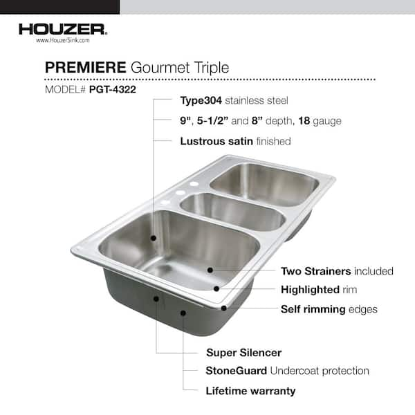 Houzer 41 Stainless Steel Topmount Triple Bowl Kitchen Sink, 18 Gauge,  PGT-4322-1