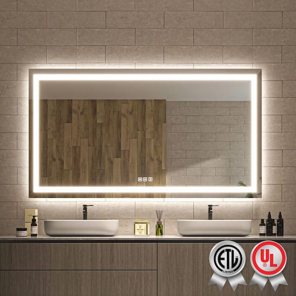 waterpar 72 in. W x 40 in. H Rectangular Frameless Wall Bathroom Vanity Mirror with Backlit and Front Light