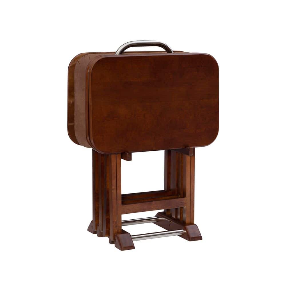 Hampden 5-Piece Folding Tray Table 15.72 in. Cherry Rectangle Wood End Table with Stand - thumbnail 3
