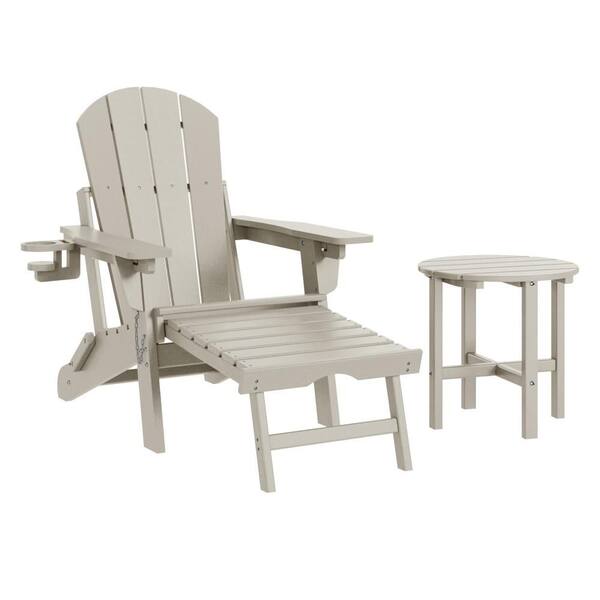 Laguna Outdoor Weather Resistant Folding Adjustable Adirondack Chair w/ Pull Out Ottoman & Round Side Table, Sand