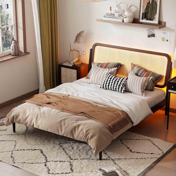 Antique Espresso Wood Frame Queen Size Platform Bed with LED Light,Rattan Headboard