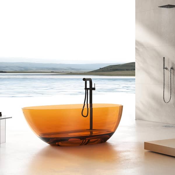 Vanity Art 59 in. x 31 in. Freestanding Oval Soaking Stone Resin Bathtub in Pure Resin Coffee with Polished Chrome Pop Up Drain